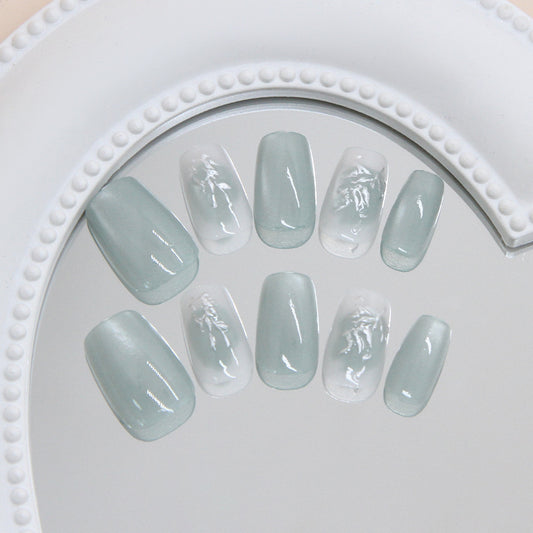 Serene Oasis Elegant Medium Square Green with Trendy Floral Design Press On Nail Set