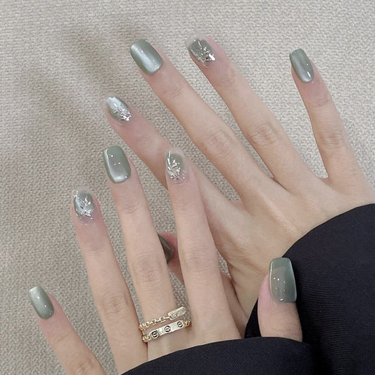 Botanical Serenity Medium Square Green Press On Nails with Glittering Leaf Accents