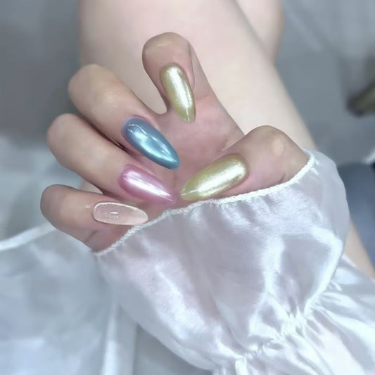 Glistening Dreams Long Almond Shaped Iridescent Nail Set with Multi-Color Metallic Finish