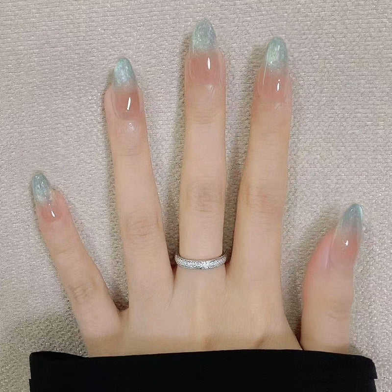 Enchanted Garden Long Almond Clear and Aqua Ombre Press On Nail Set with Sparkling Finish