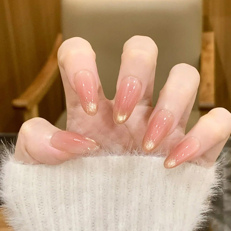 Dreamy Elegance Long Almond Peach Ombre with Glittery Tips Press On Nail Set