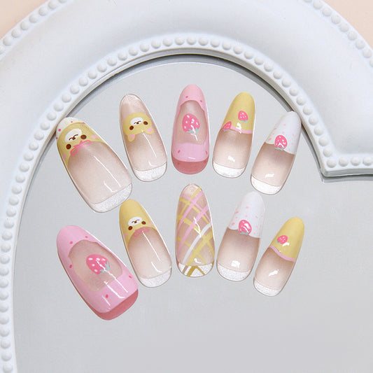 Whimsical Garden Press On Nail Set Long Almond Shape Soft Pink and Yellow with Charming Fruit Design