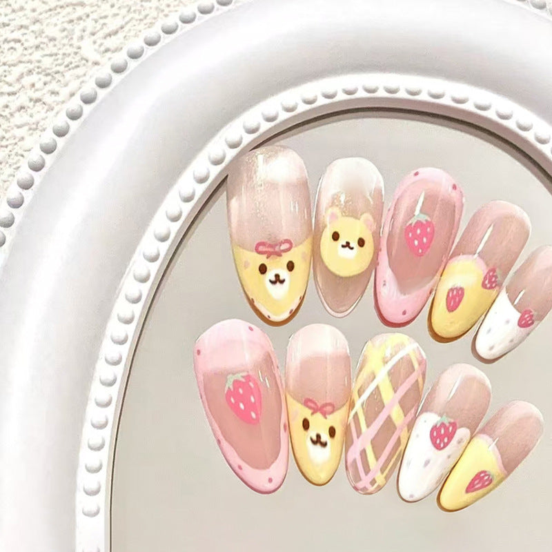 Sweet Treats Elegant Long Almond Pastel Pink Adorable Bear and Strawberry Design Press On Nail Set