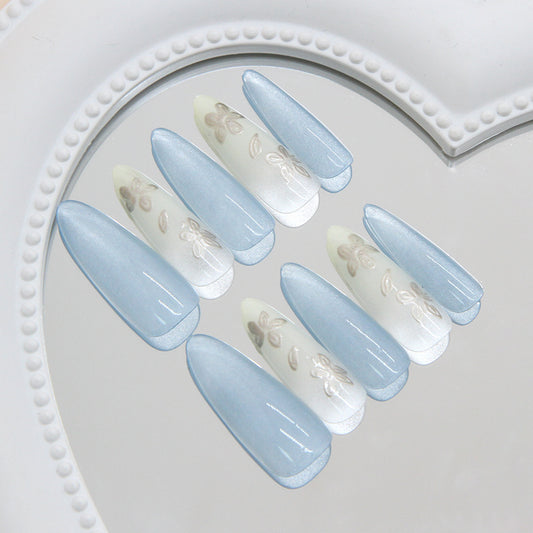 Serene Skies Long Almond Press On Nail Set in Soft Blue and White with Elegant Floral Accents