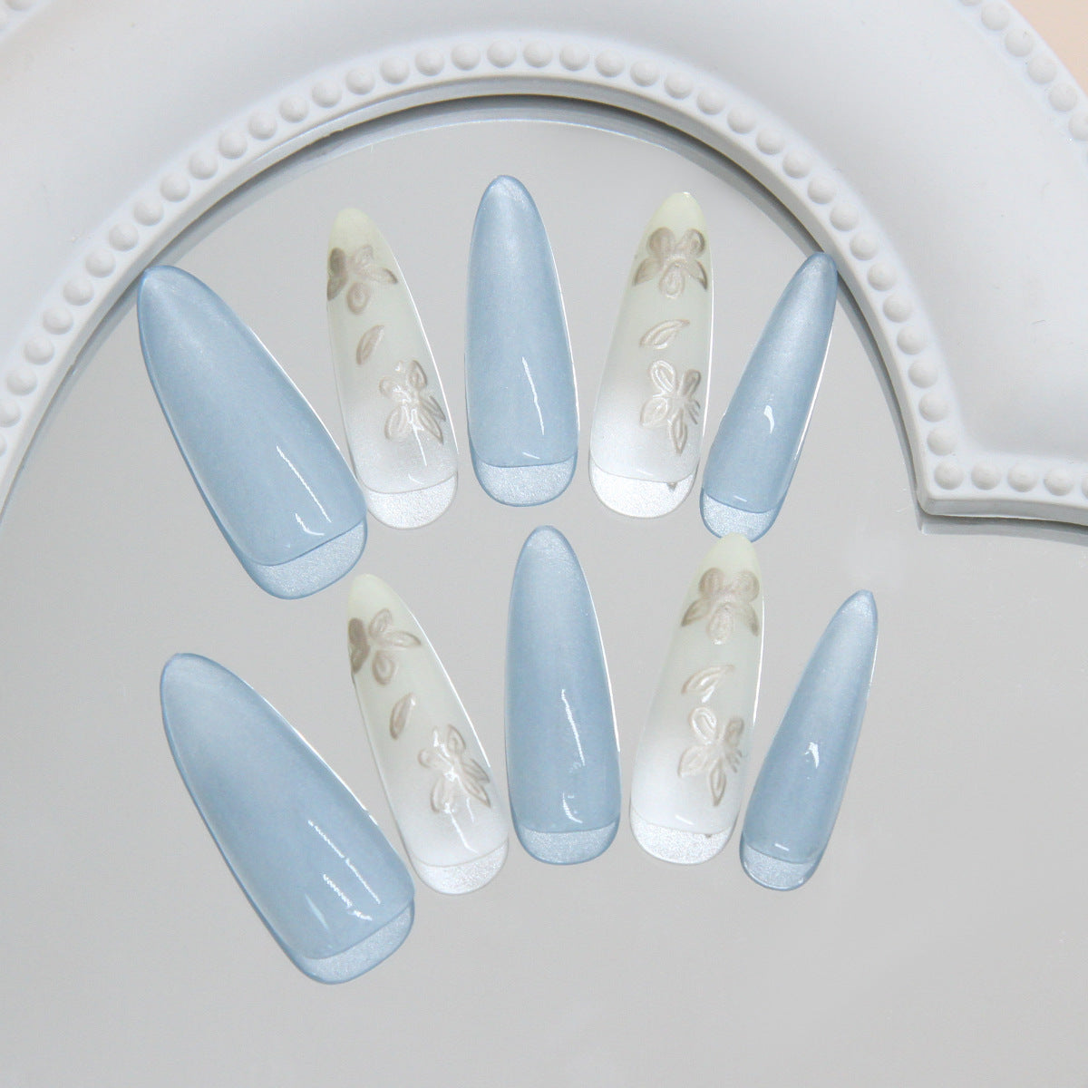 Whimsical Serenity Press-On Nail Set Long Almond Shaped Soft Blue with Floral Design