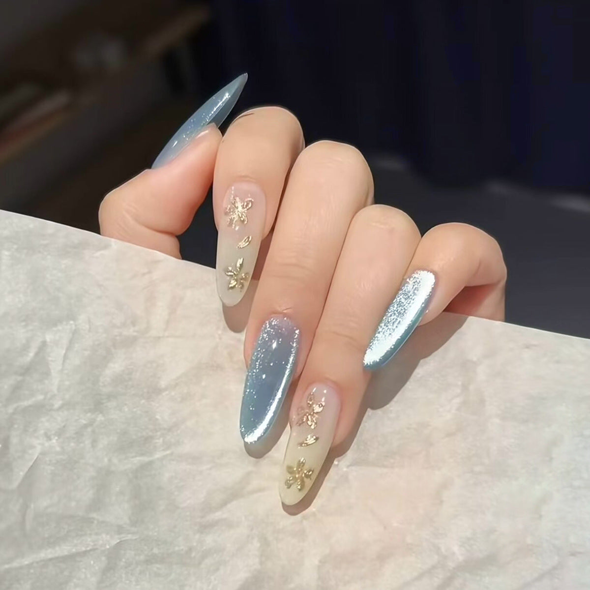 Whimsical Blossom Long Almond Blue Gradient with Glitter Accents Press On Nail Set