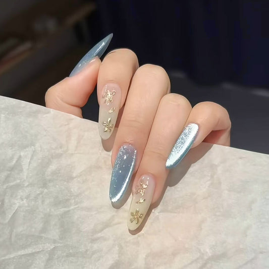 Whimsical Blossom Long Almond Blue Gradient with Glitter Accents Press On Nail Set