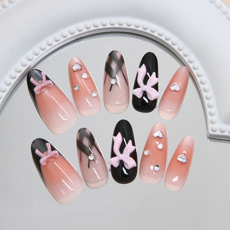 Chic Elegance Long Almond Ombre Pink and Black with Bowknot and Rhinestone Accent Press On Nail Set