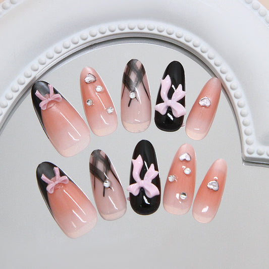 Chic Elegance Long Almond Ombre Pink and Black with Bowknot and Rhinestone Accent Press On Nail Set