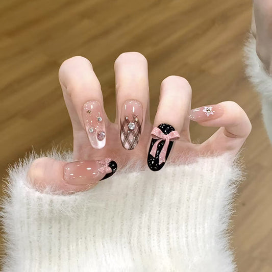 Chic Elegance Long Oval Pink and Black Press On Nail Set with Glitter and Bow Design