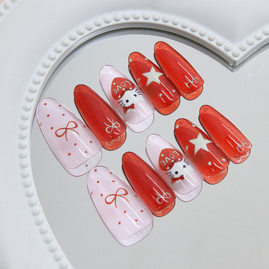 Charming Romance Long Almond Red and Pink Press On Nail Set with Cute Bow and Star Designs