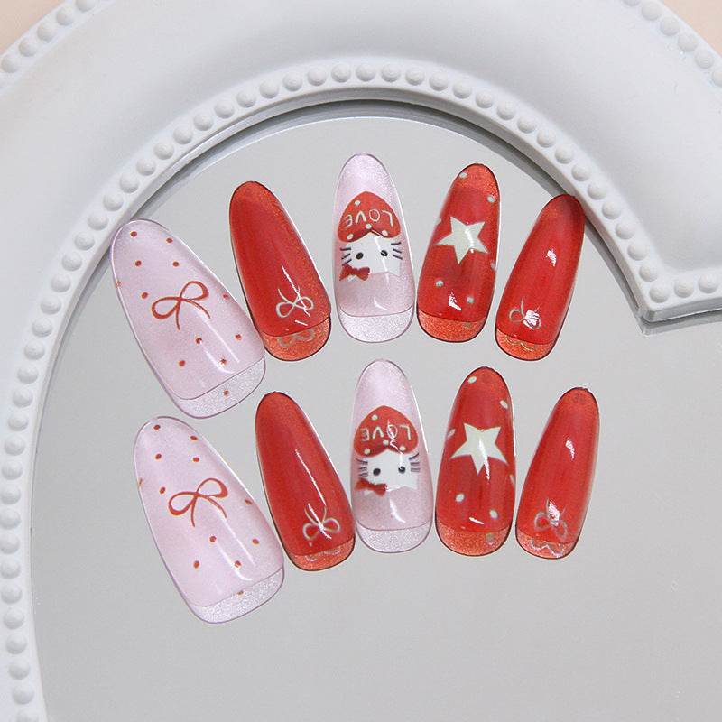 Charming Valentine's Day Press on Nail Set Long Almond Red with Cute Hello Kitty and Star Designs