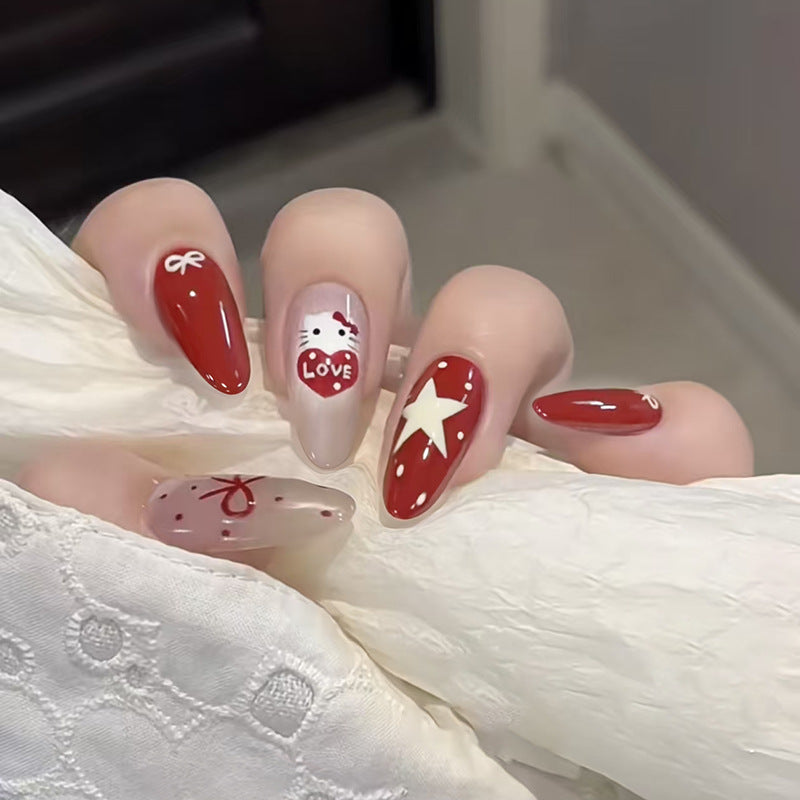 Charming Romance Red Long Almond Nail Set with Cute Kitty and Star Design