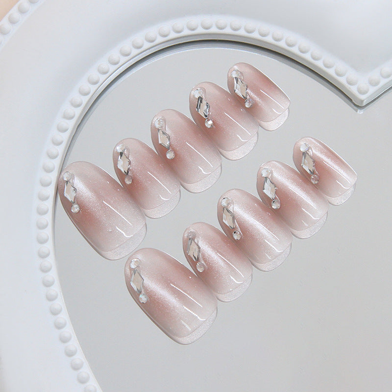 Whimsical Elegance Short Oval Pink Gradient Nail Set with Dazzling Rhinestones