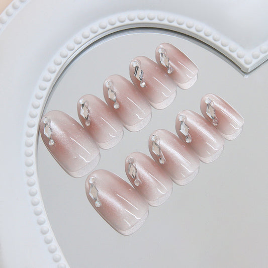 Whimsical Elegance Short Oval Pink Gradient Nail Set with Dazzling Rhinestones