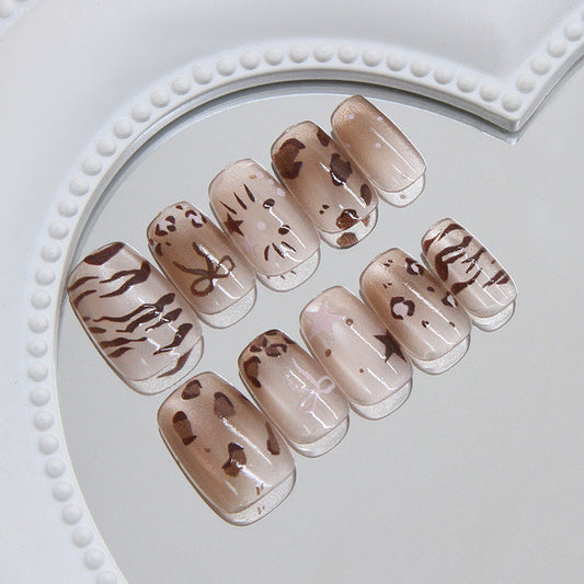 Boho Chic Medium Square Brown Animal Print Press On Nail Set with Glossy Finish
