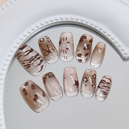 Wild Safari Chic Press-On Nail Set in Medium Length Square Design with Brown Animal Print Highlights