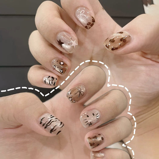 Gourmet Coffee Inspired Medium Square Beige with Whimsical Designs Press On Nail Set