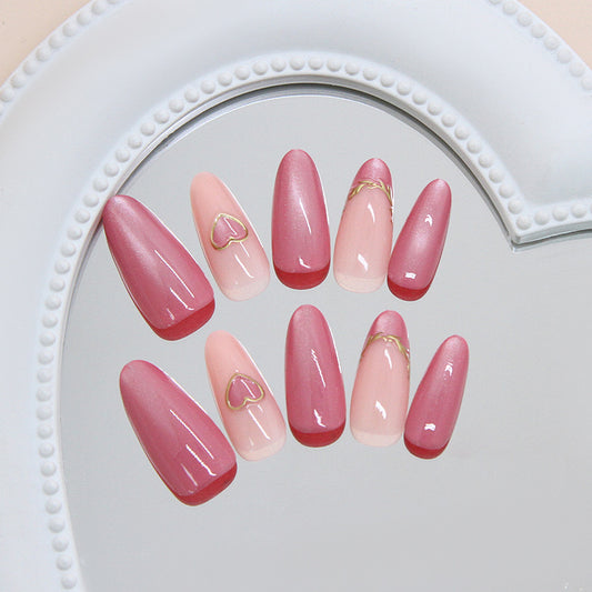 Romantic Blossom Long Almond Pink Ombre with Adorable Heart and Gold Accent Press on Nail Set