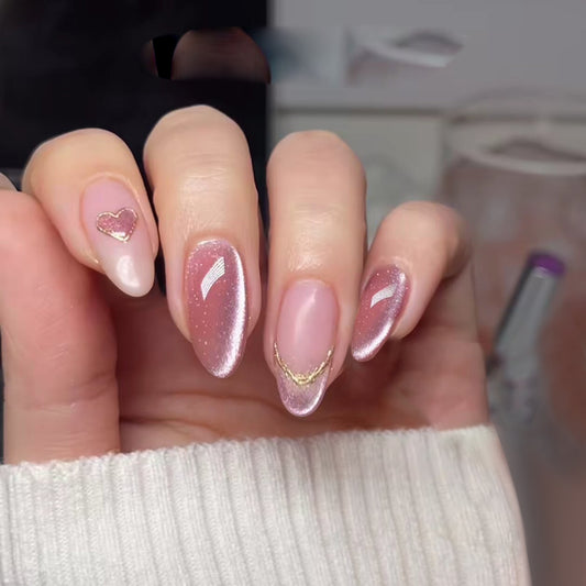 Romantic Elegance Long Almond Pink Glitter Press on Nail Set with Gold Heart and Unique Design