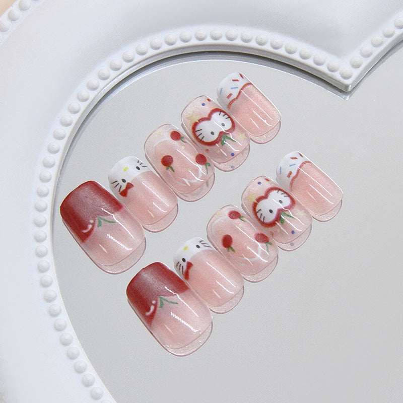 Whimsical Floral Charm Short Square Pink with Adorable Kitty Designs Press On Nail Set