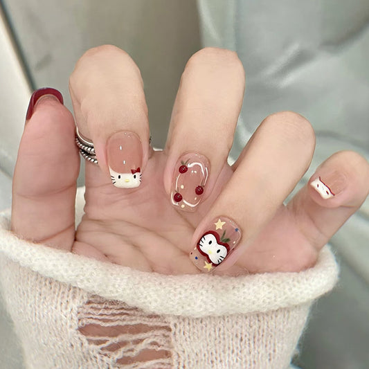 Whimsical Charm Short Square Pink Transparent Press On Nail Set with Cute Cherry and Kitty Designs