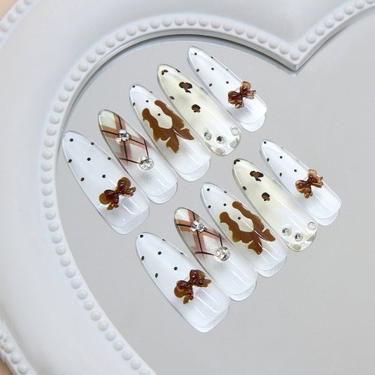 Chic Style Long Almond Clear with Brown Accents and Charming Bow Detailing Press On Nail Set