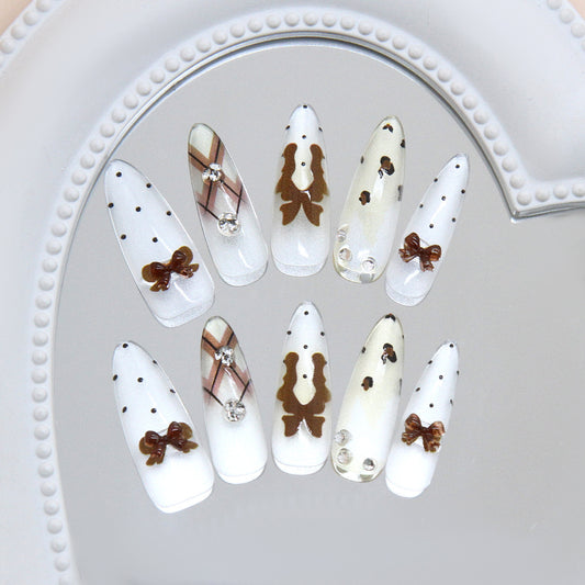 Whimsical Bow Delight Long Almond White and Brown Press on Nail Set with Sparkling Accents