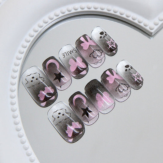 Whimsical Dream Press On Nail Set Medium Square Matte Pink and Black with Cute Cartoon Designs