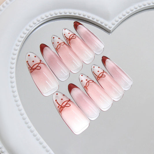 Charming Elegance Long Almond Pink Ombre Press On Nails with Dainty Bow Design