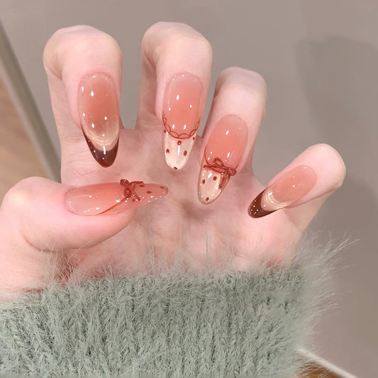 Chic Dessert Theme Long Almond Almond Pink with Brown Ombre and Bow Detail Nail Set