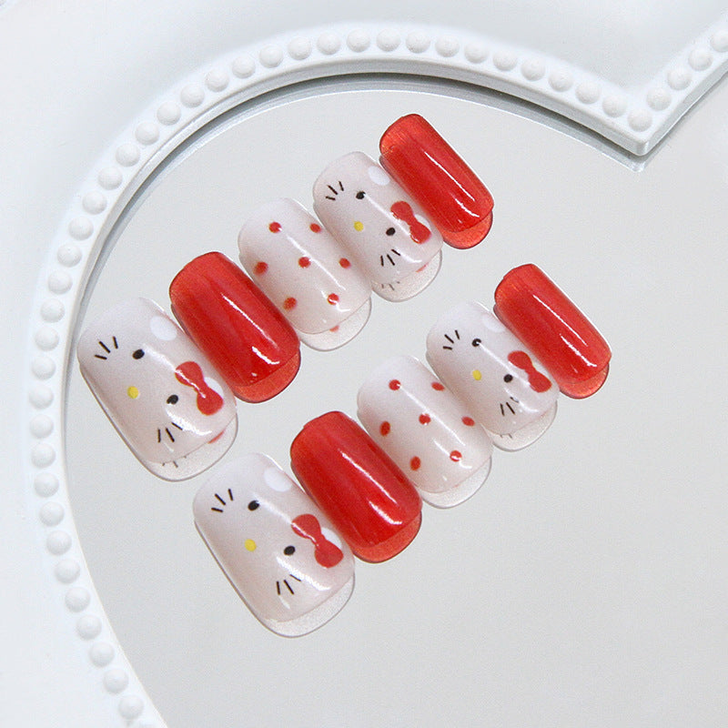 Hello Kitty Inspired Medium Square Red and White Press On Nail Set with Adorable Bow Design