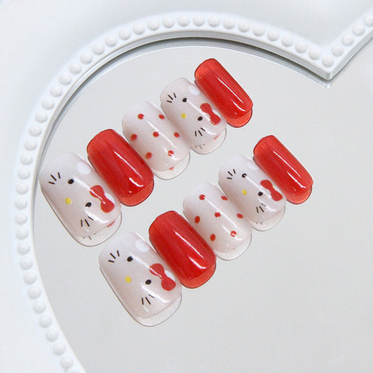Hello Kitty Inspired Medium Square Red and White Press On Nail Set with Adorable Bow Design