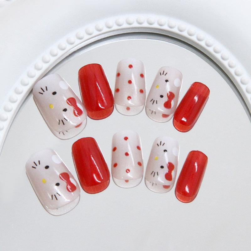 Cute Whimsical Press On Nail Set Medium Square White with Red Bow and Polka Dots Design