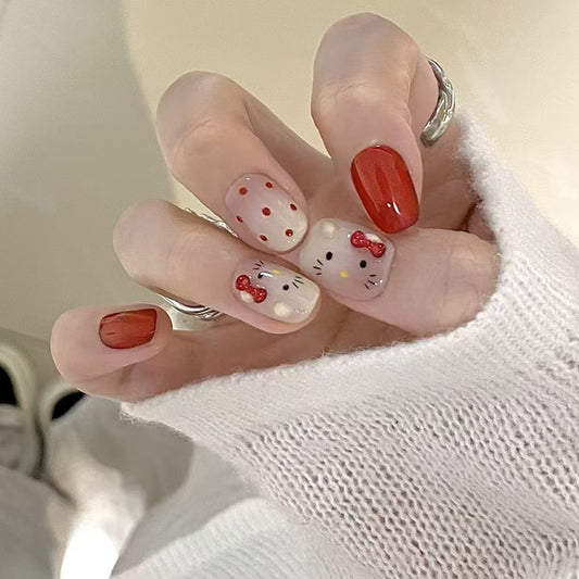 Cute Kitty Delight Medium Almond Red and White with Fun Kitty Bow Designs Nail Set