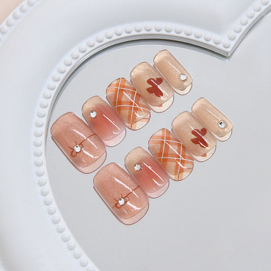 Charming Sunset Medium Square Pink Press On Nail Set with Elegant Gem Accents