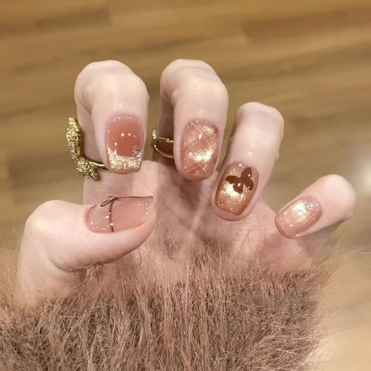 Enchanting Elegance Medium Square Almond Beige with Glittering Charm Nail Set