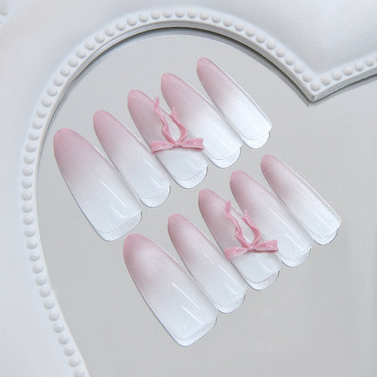 Whimsical Elegance Long Almond Ombre Pink and White Press-On Nail Set with Charming Bow Accents