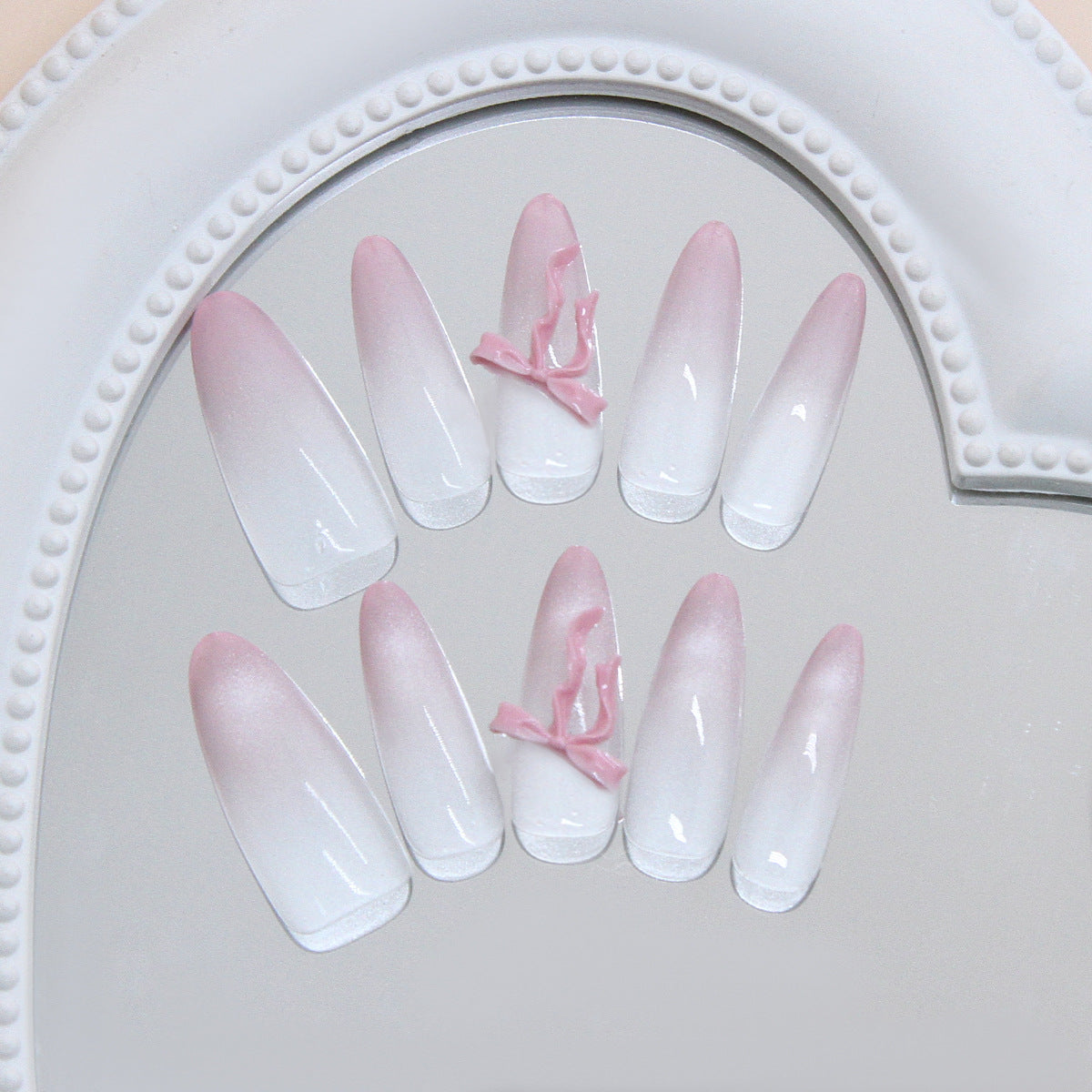 Whimsical Elegance Long Almond Ombre Pink and White Press On Nail Set with Unique Ribbon Accent