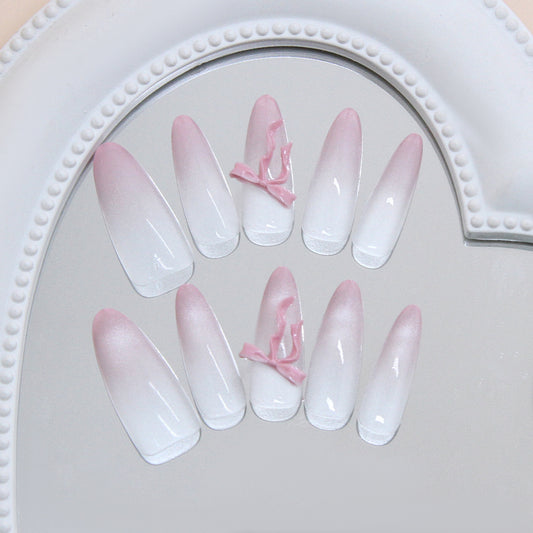 Whimsical Elegance Long Almond Ombre Pink and White Press On Nail Set with Unique Ribbon Accent
