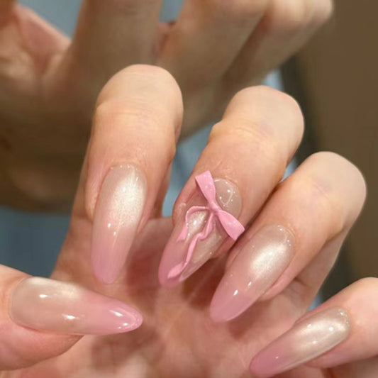 Charming Blossom Long Almond Pink Press On Nail Set with Glittery Finish and Adorable Bow Detail