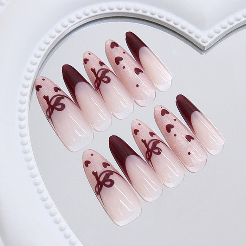Romantic Heartfelt Long Almond Burgundy Gradient Press On Nail Set with Charming Heart Accents
