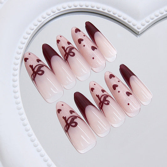 Romantic Heartfelt Long Almond Burgundy Gradient Press On Nail Set with Charming Heart Accents