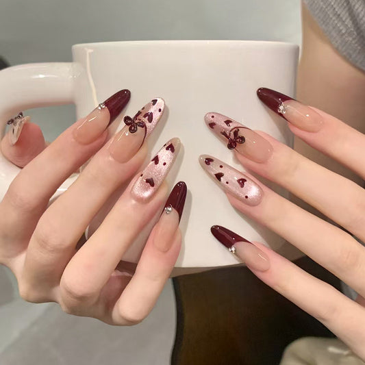 Romantic Elegance Long Almond Shaped Ombre Pink and Burgundy Nail Set with Heart Accents