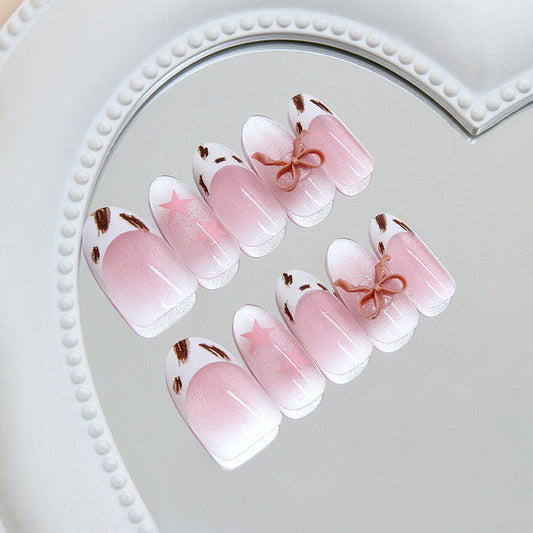 Charming Whimsy Medium Round Pink Gradient with Cute Bow and Star Details Press-On Nail Set