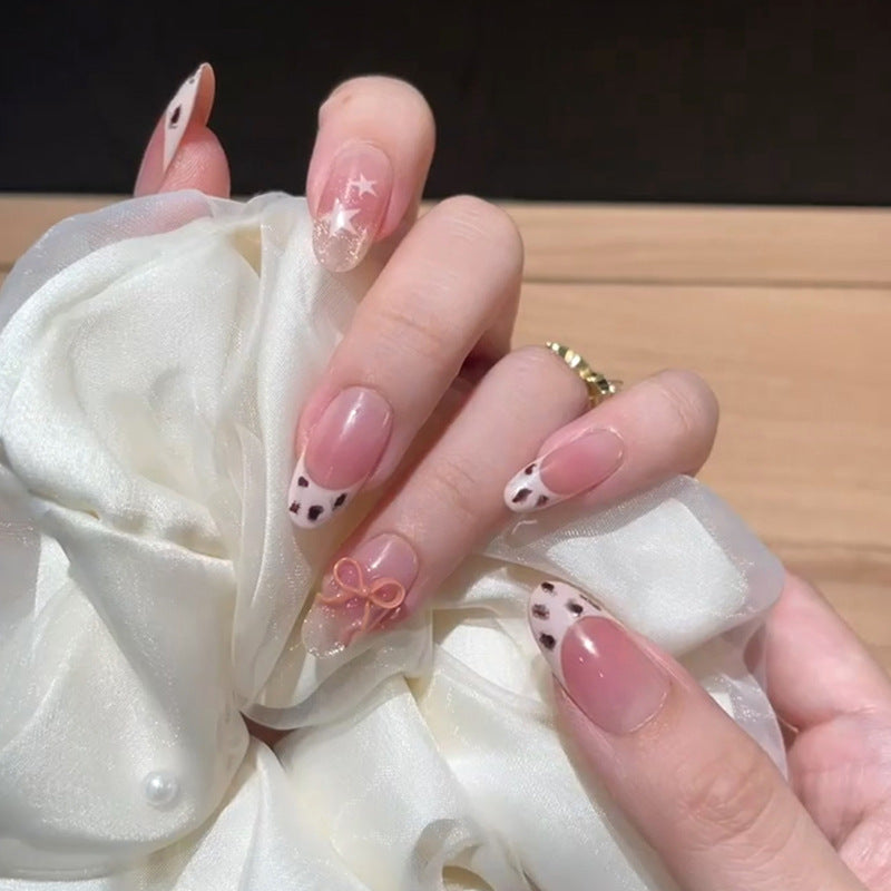 Charming Delight Medium Round Pink and White with Trendy Bow Detail Press On Nail Set