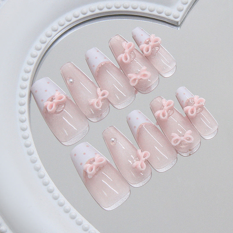 Charming Elegance Long Coffin Pink with Bow Detail Press On Nail Set