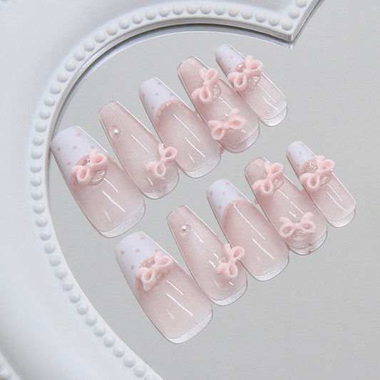Charming Elegance Long Coffin Pink with Bow Detail Press On Nail Set