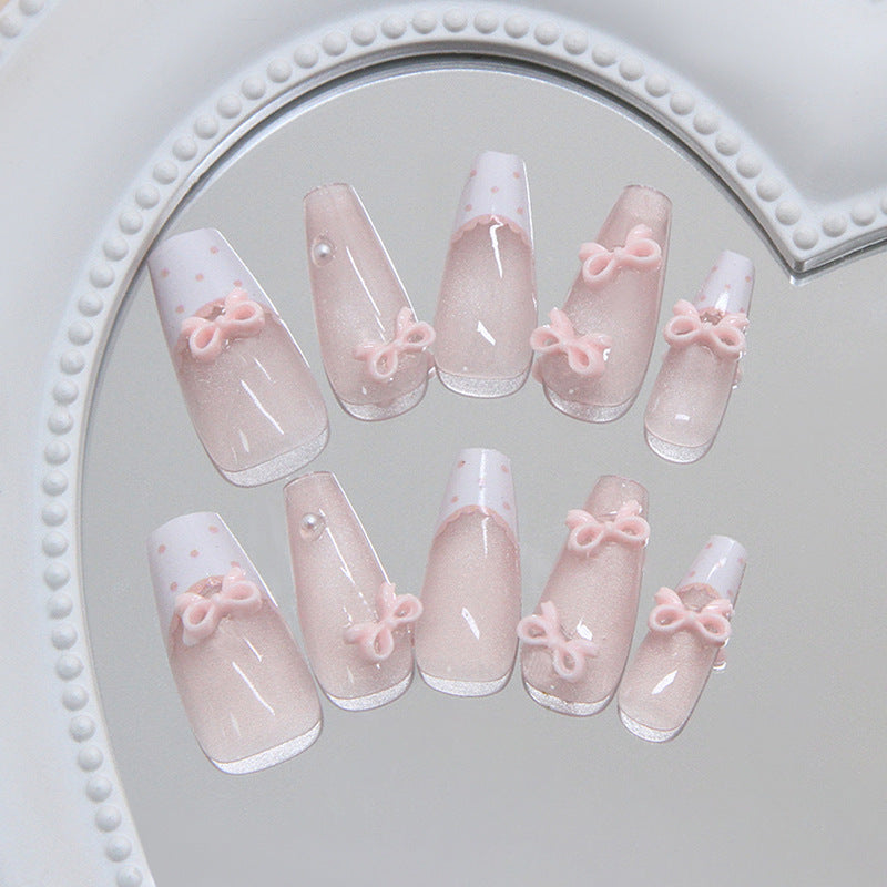 Enchanted Garden Long Coffin Blush Pink with Charming Bow Detail Press-On Nail Set