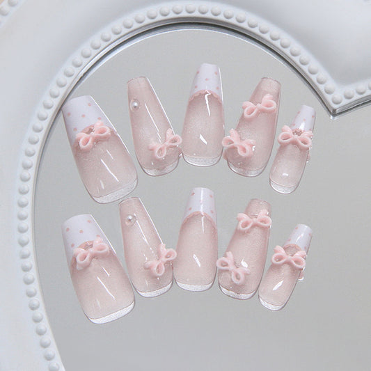 Enchanted Garden Long Coffin Blush Pink with Charming Bow Detail Press-On Nail Set